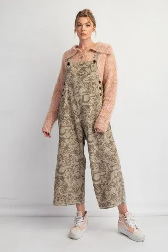 Olive Heart Print Wide Leg Overall