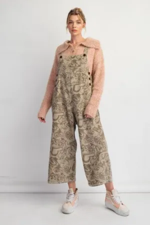 Olive Heart Print Wide Leg Overall