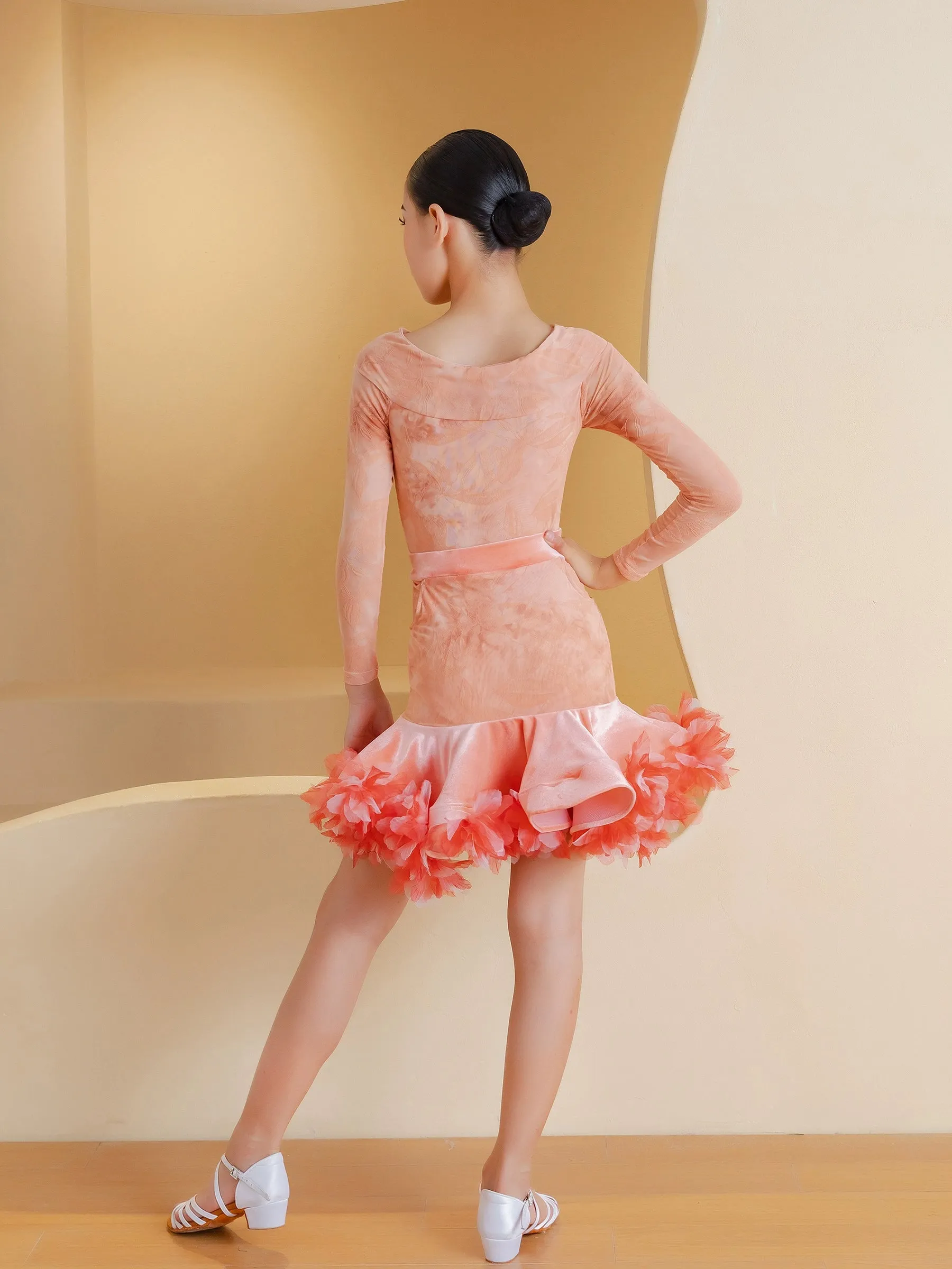Orange Purple Velvet Flowers Latin Dance Dresses for Kids Girls Children Ballroom Salsa Rumba Chacha Party Praise Skirt Dance Suit