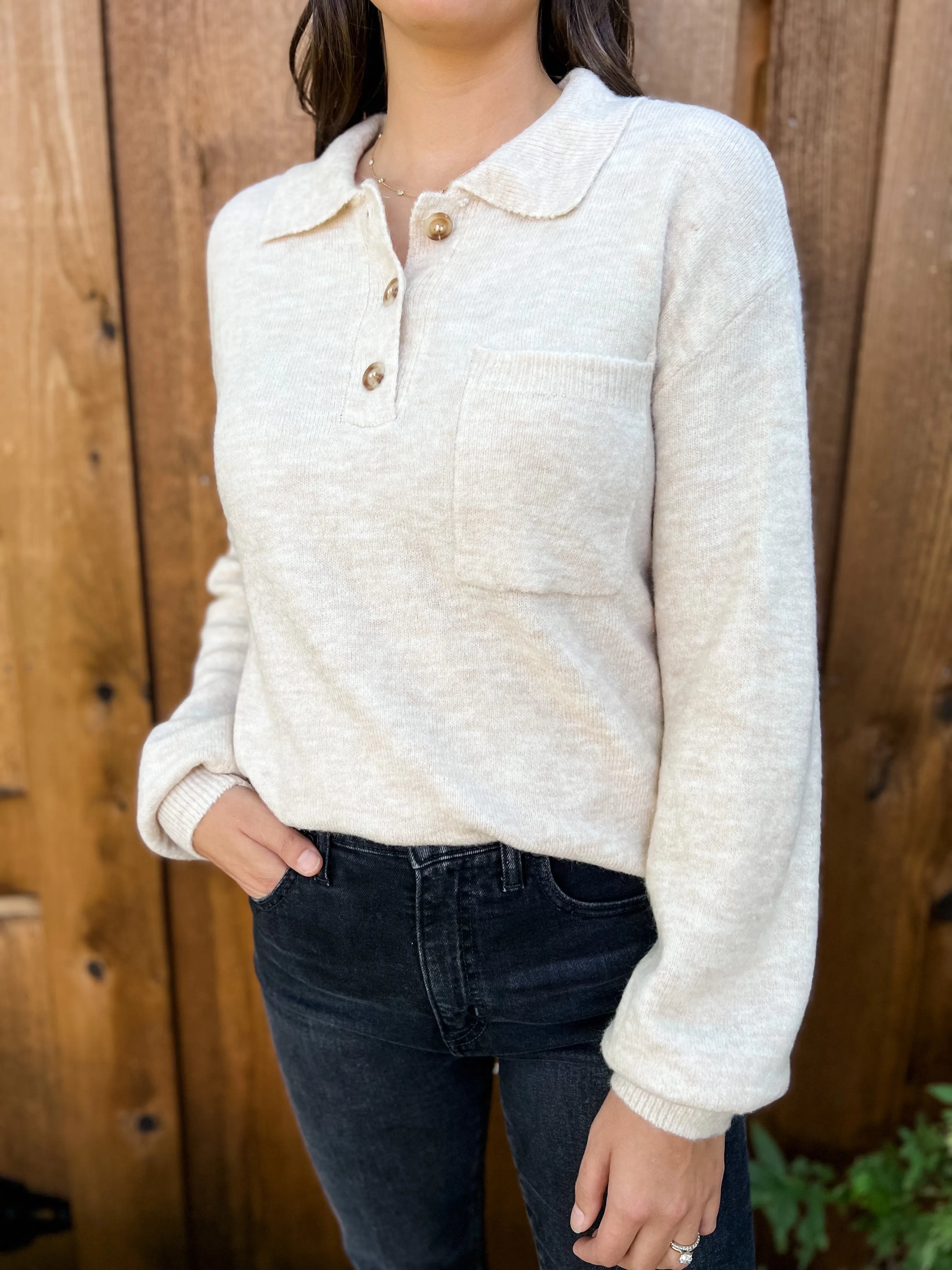 Oversized Polo Sweater with Pocket