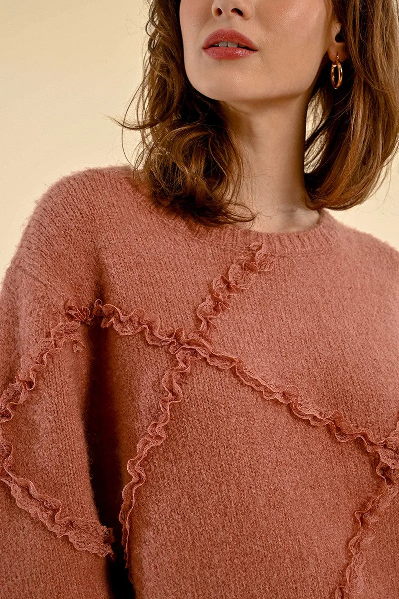 OVERSIZED SWEATER WITH RUFFLES AND LACE