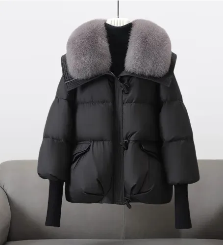 Padded puffer jacket with fur trim for women