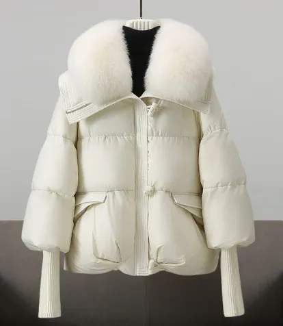 Padded puffer jacket with fur trim for women
