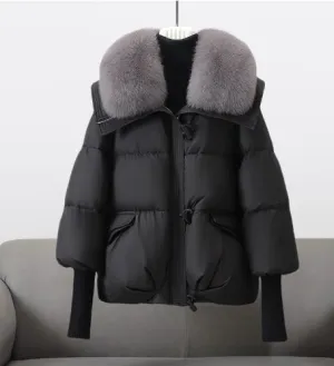 Padded puffer jacket with fur trim for women