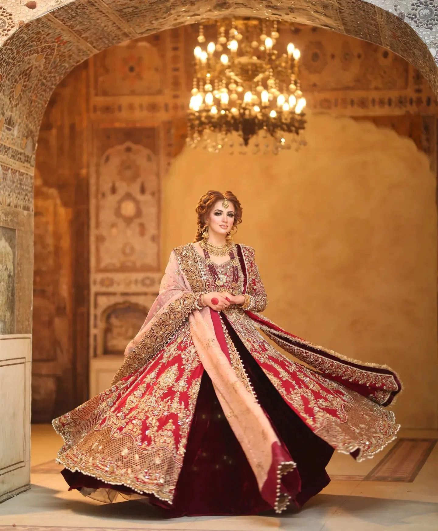 Pakistani Red Lehenga with Front Open Gown and Dupatta