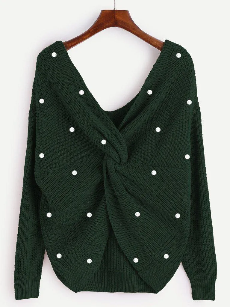Pearl Beading Twist Infinity Sweater
