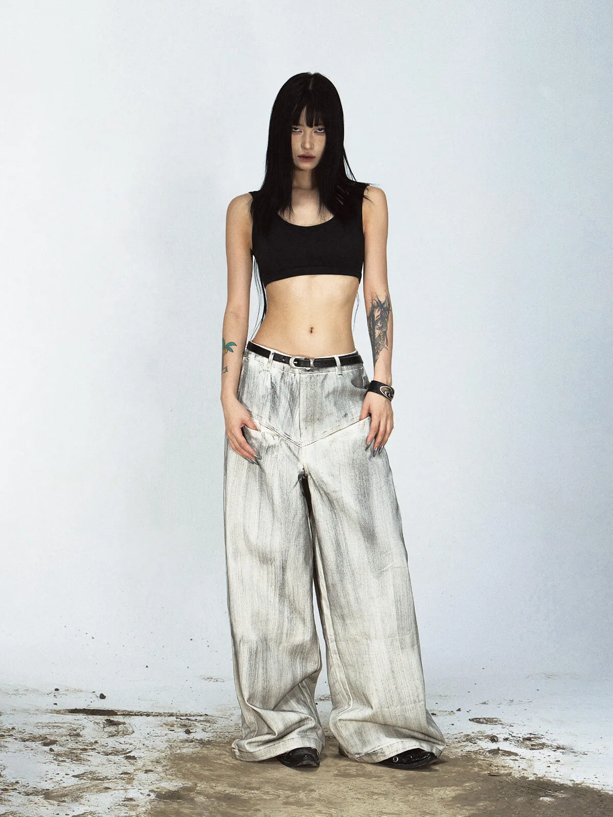 Peoplesense Distressed Dyed Wide-Leg Jeans