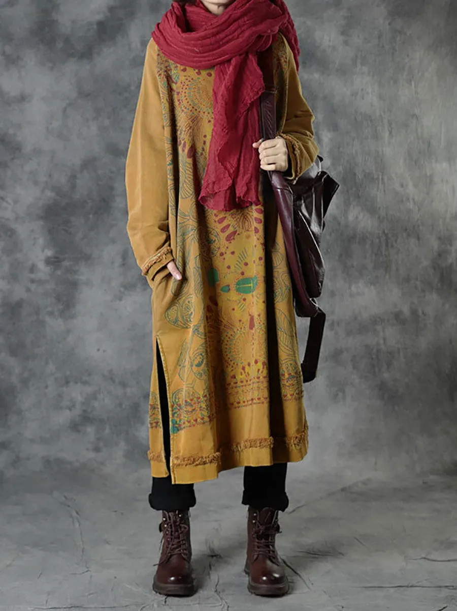 Plus Size Women Autumn Ethnic Print O-Neck Loose Cotton Dress