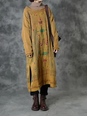 Plus Size Women Autumn Ethnic Print O-Neck Loose Cotton Dress
