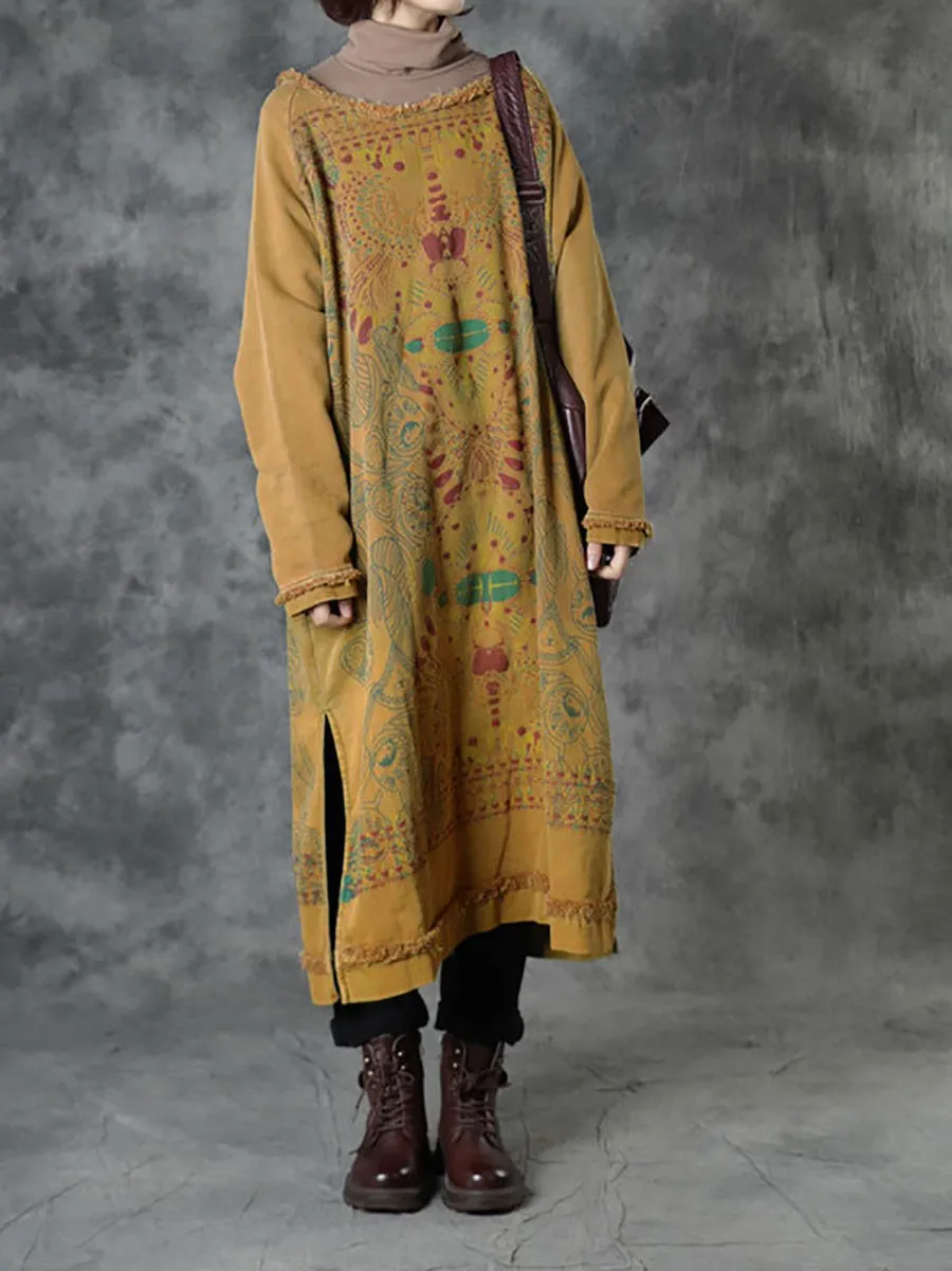 Plus Size Women Autumn Ethnic Print O-Neck Loose Cotton Dress