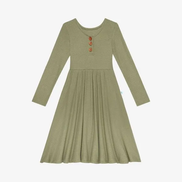 Posh Peanut Olive Waffle Long Sleeve Henley Twirl Dress