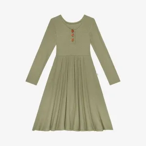 Posh Peanut Olive Waffle Long Sleeve Henley Twirl Dress