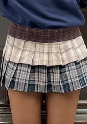 Preppy Double-Layer Multi-Color Plaid Pleated Mini Skirt