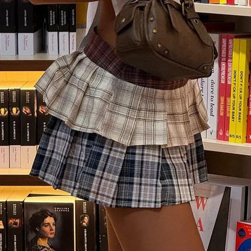 Preppy Double-Layer Multi-Color Plaid Pleated Mini Skirt