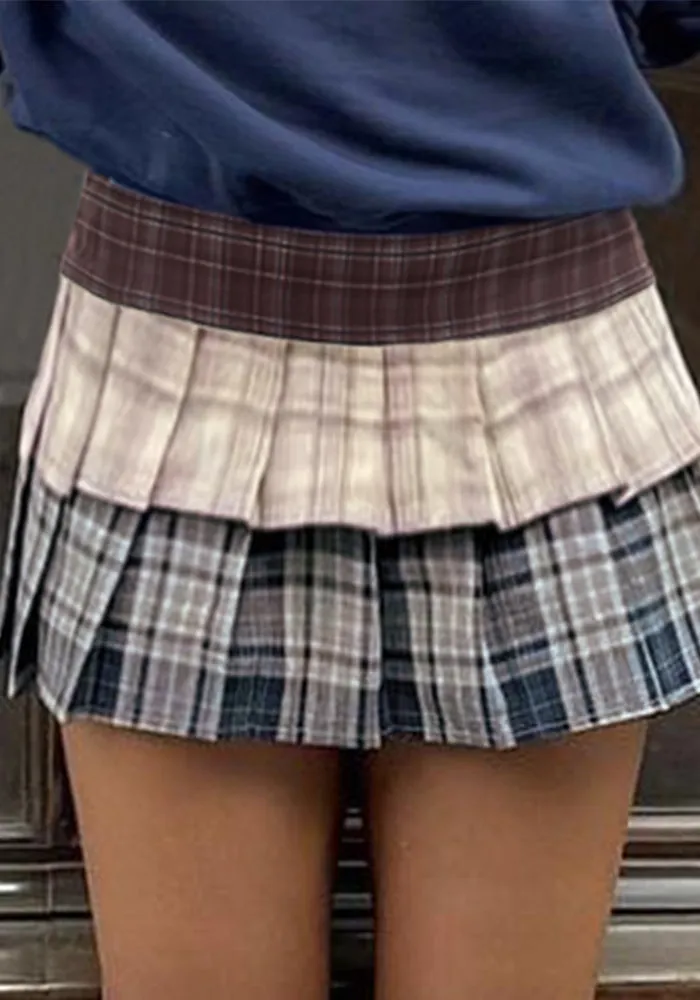 Preppy Double-Layer Multi-Color Plaid Pleated Mini Skirt
