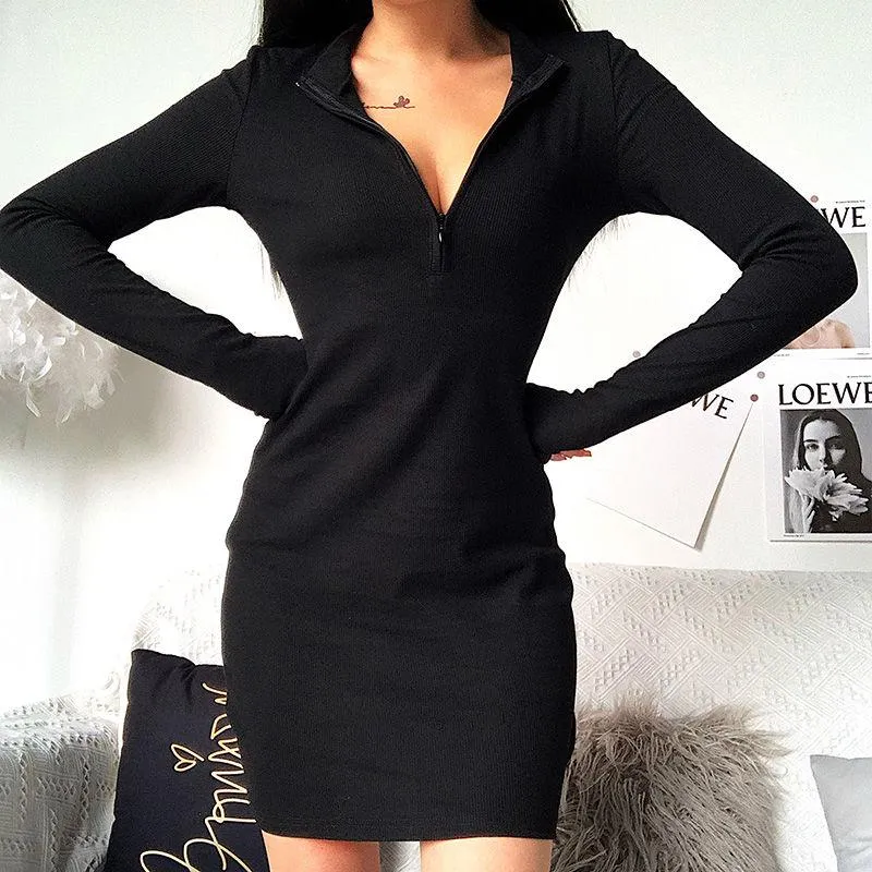Pure Color Slim Zipper Dress Fashion Casual Sweater Autumn and Winter Women Bag Hip Skirt