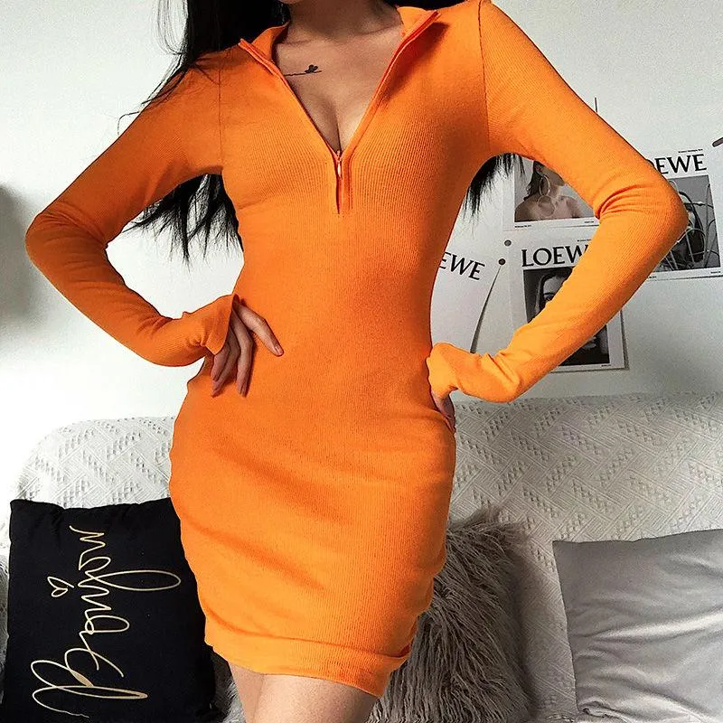 Pure Color Slim Zipper Dress Fashion Casual Sweater Autumn and Winter Women Bag Hip Skirt