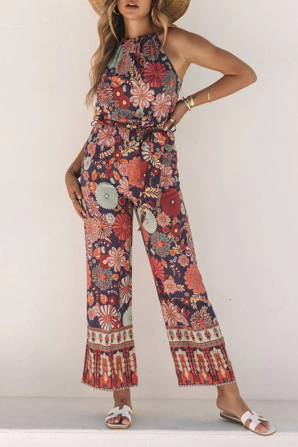 Purple Floral Print Frill Halterneck Wide Leg Jumpsuit