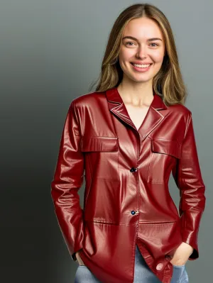 Red Lambskin Buttoned Leather Coat for Women