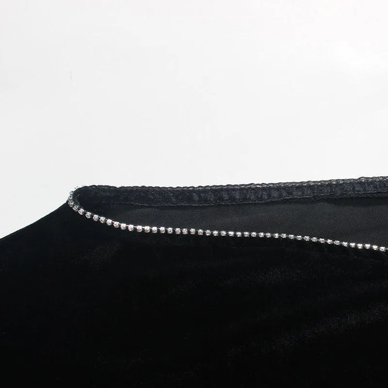 Rhinestone Trim High Split Boat Neck Long Sleeve Maxi Dress - Black