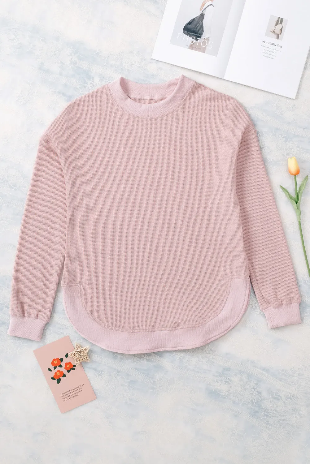 Ribbed Trim Waffle Knit Top