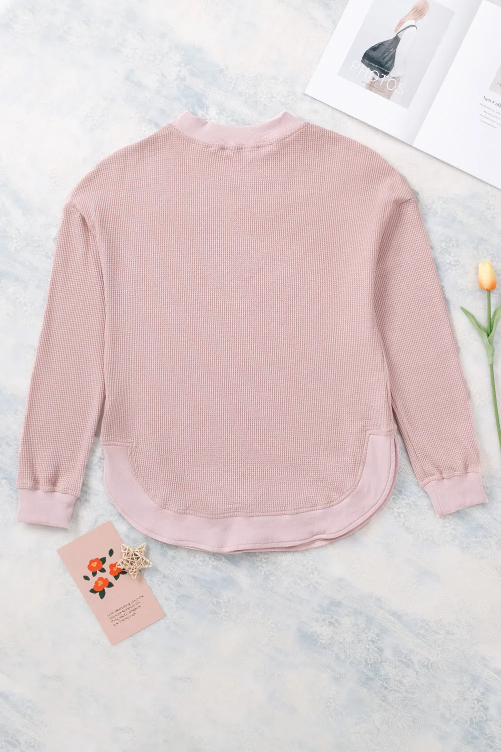 Ribbed Trim Waffle Knit Top