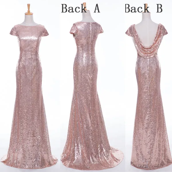 rose gold bridesmaid dresses long mermaid cap sleeve sparkle cheap wedding party dress 2020