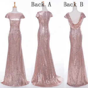 rose gold bridesmaid dresses long mermaid cap sleeve sparkle cheap wedding party dress 2020