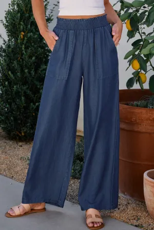 Sail Blue Side Pockets Frilled Smocked High Waist Wide Leg Jeans
