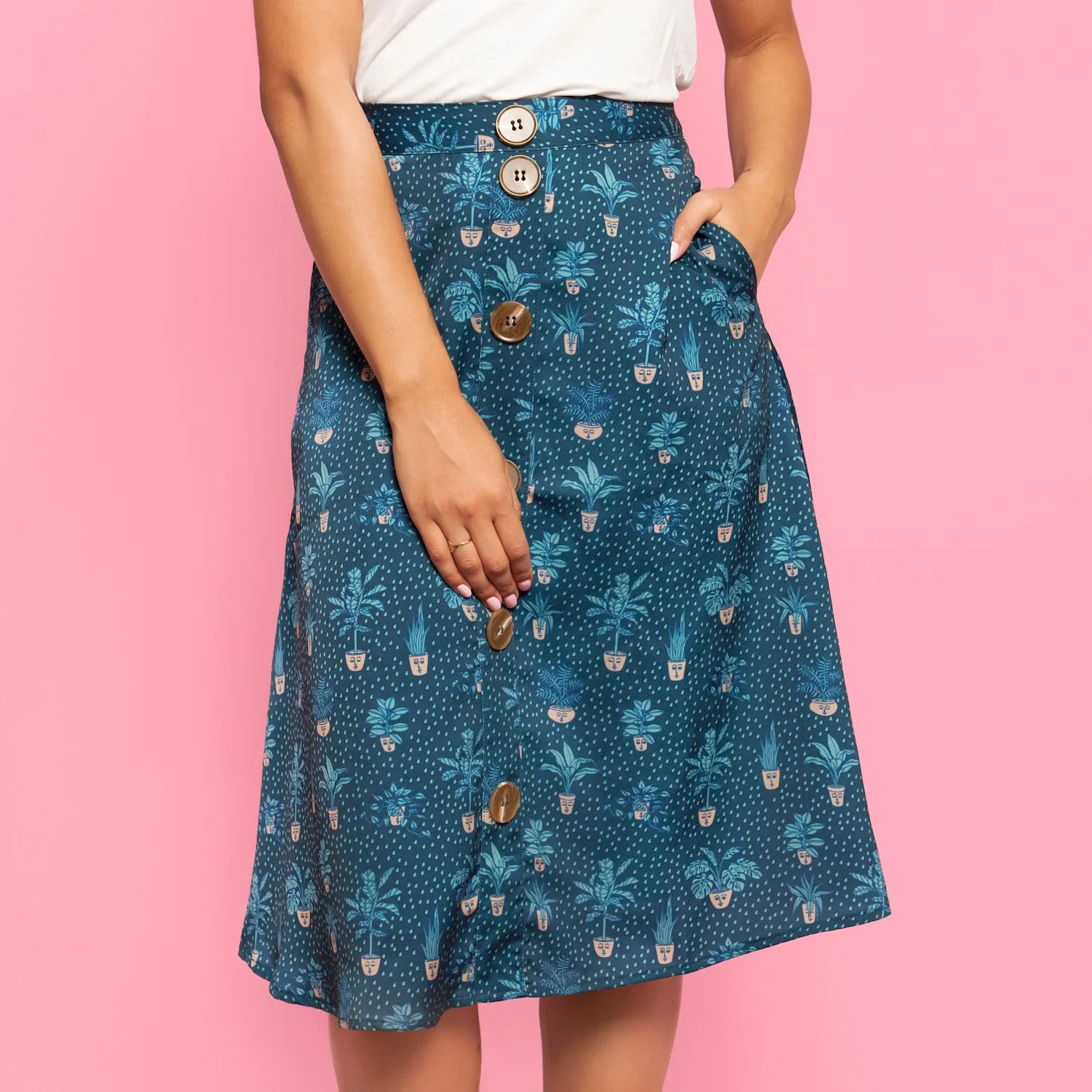 Self Care Plants Printed Button Skirt