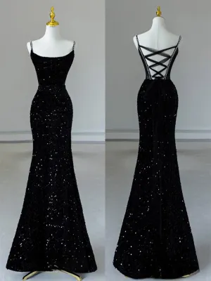 Simple Mermaid Velvet Sequin Black Long Prom Dress, Black Evening Dress