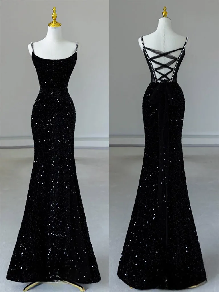 Simple Mermaid Velvet Sequin Black Long Prom Dress, Black Evening Dress