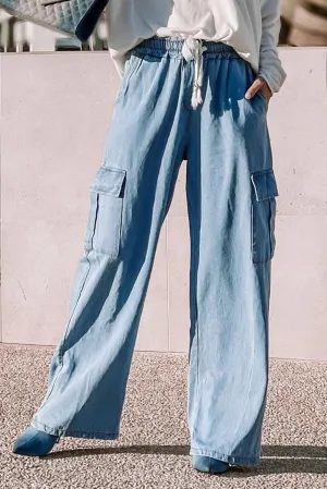 Sky Blue Drawstring High Waist Cargo Pocket Wide-Leg Jeans