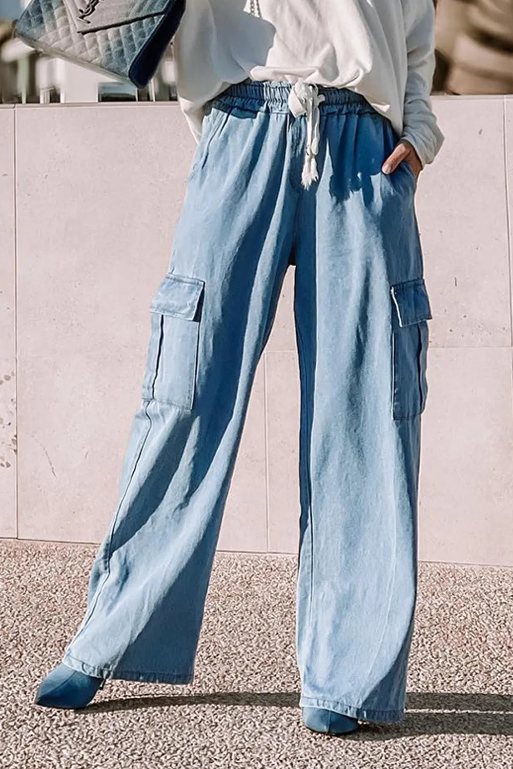 Sky Blue Drawstring High Waist Cargo Pocket Wide-Leg Jeans