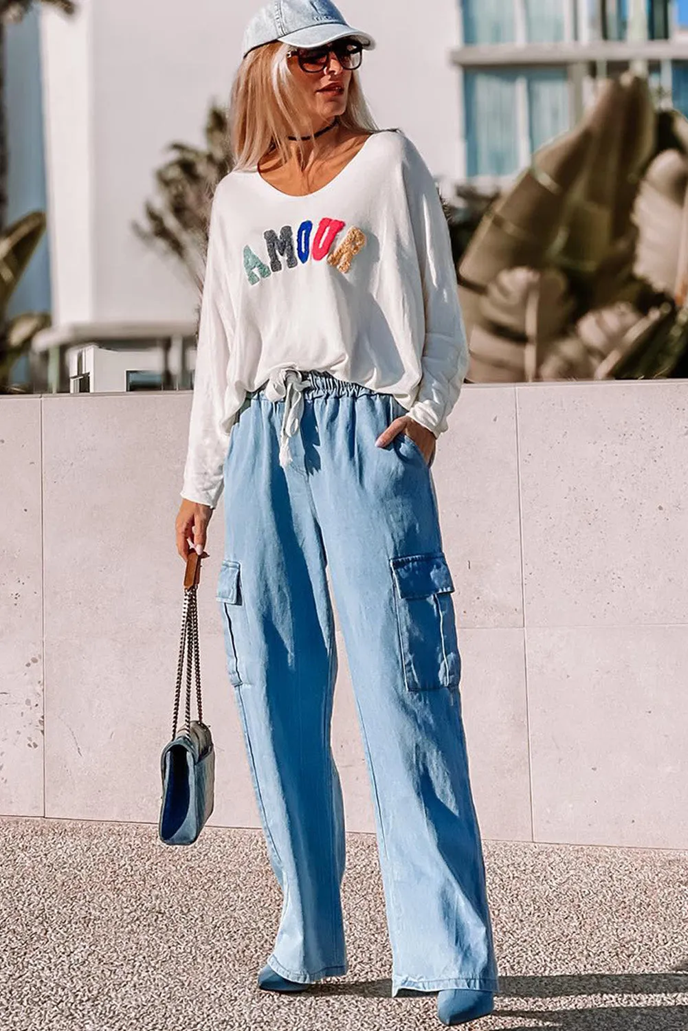Sky Blue Drawstring High Waist Cargo Pocket Wide-Leg Jeans