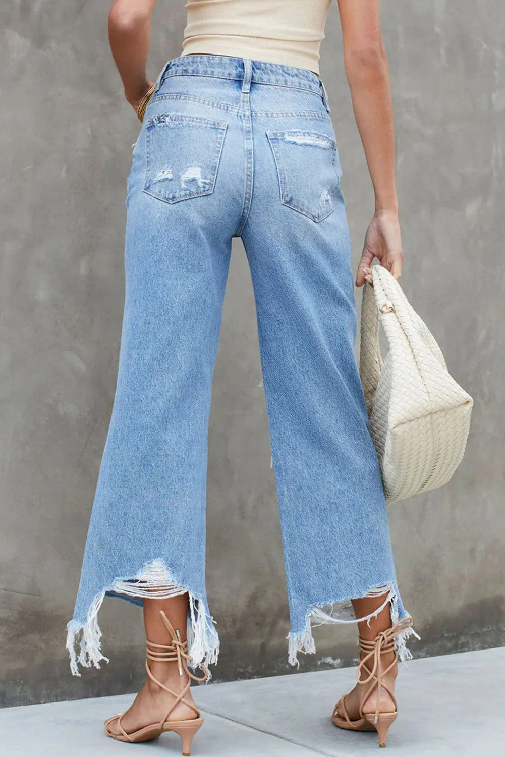 Sky Blue Heavy Destroyed Wide Leg Jeans