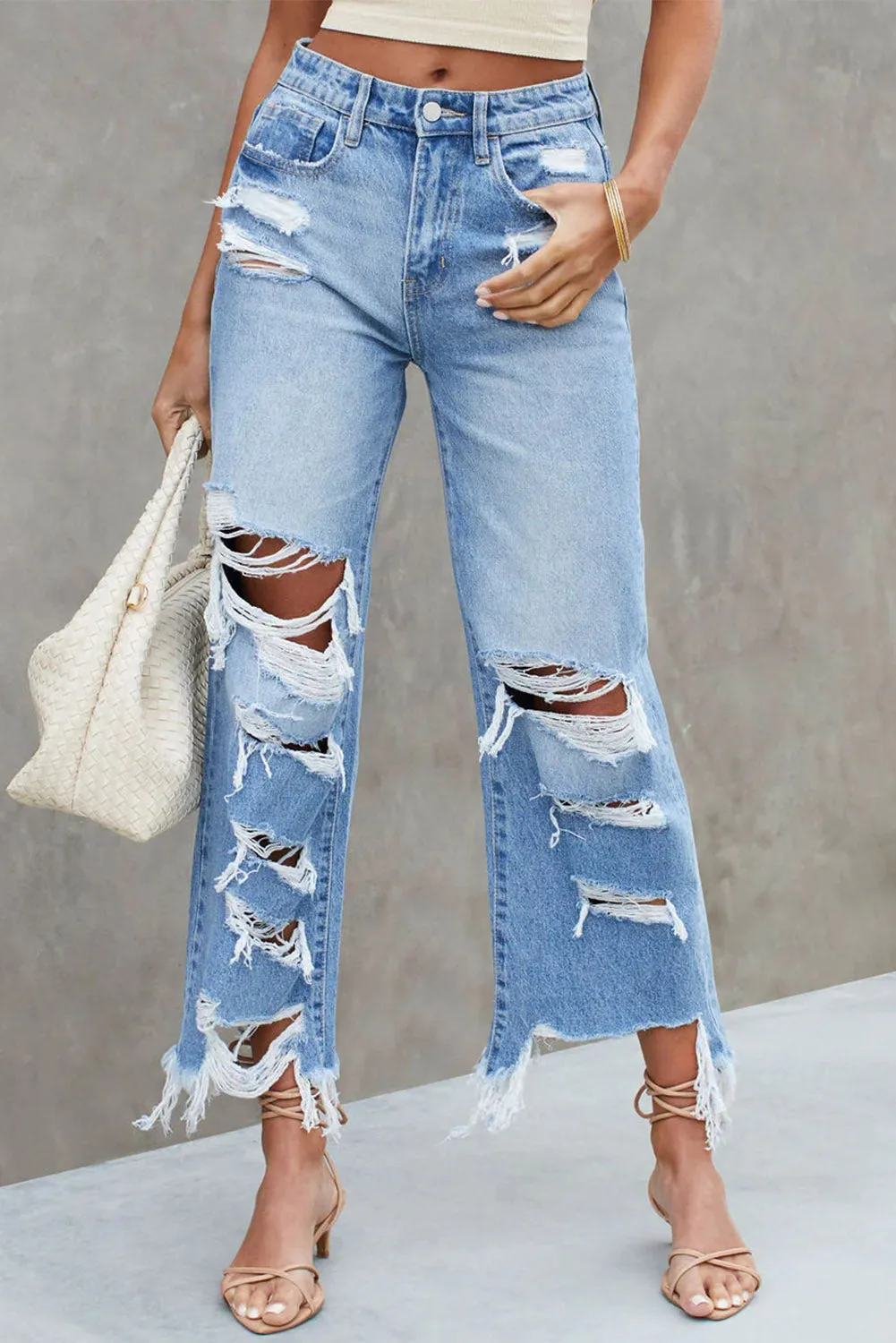 Sky Blue Heavy Destroyed Wide Leg Jeans