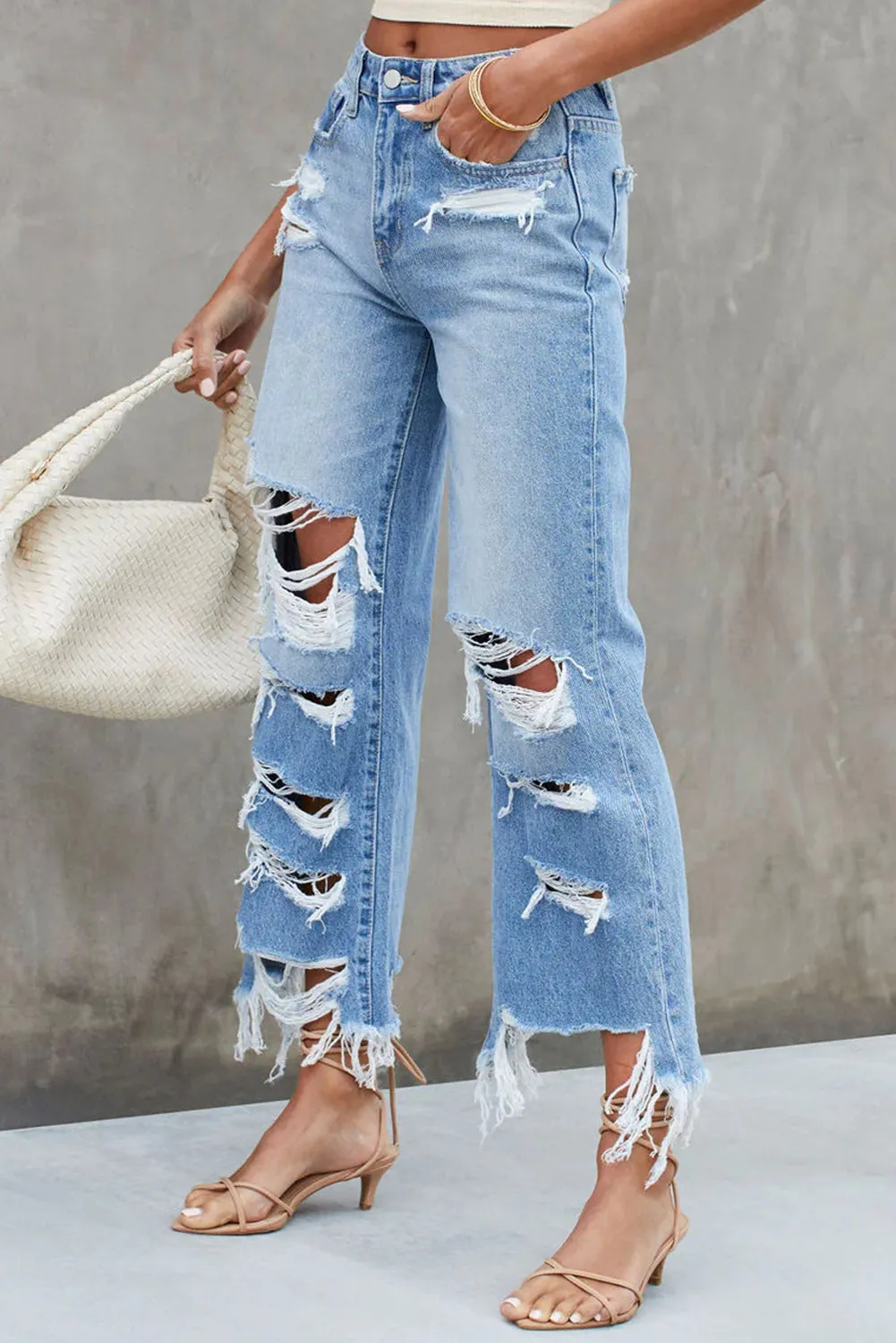 Sky Blue Heavy Destroyed Wide Leg Jeans