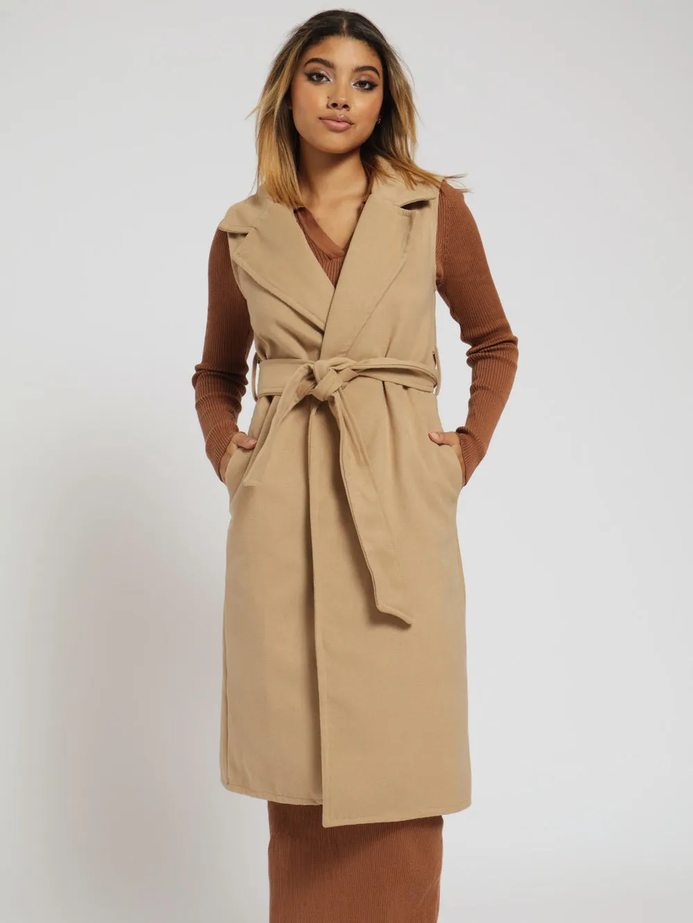 Sleeveless Belted Melton Long Length Coat - Caramel