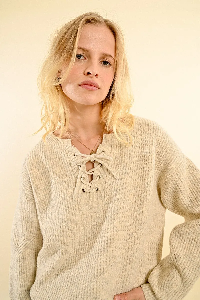 SOFT KNIT SWEATER WITH TIE COLLAR