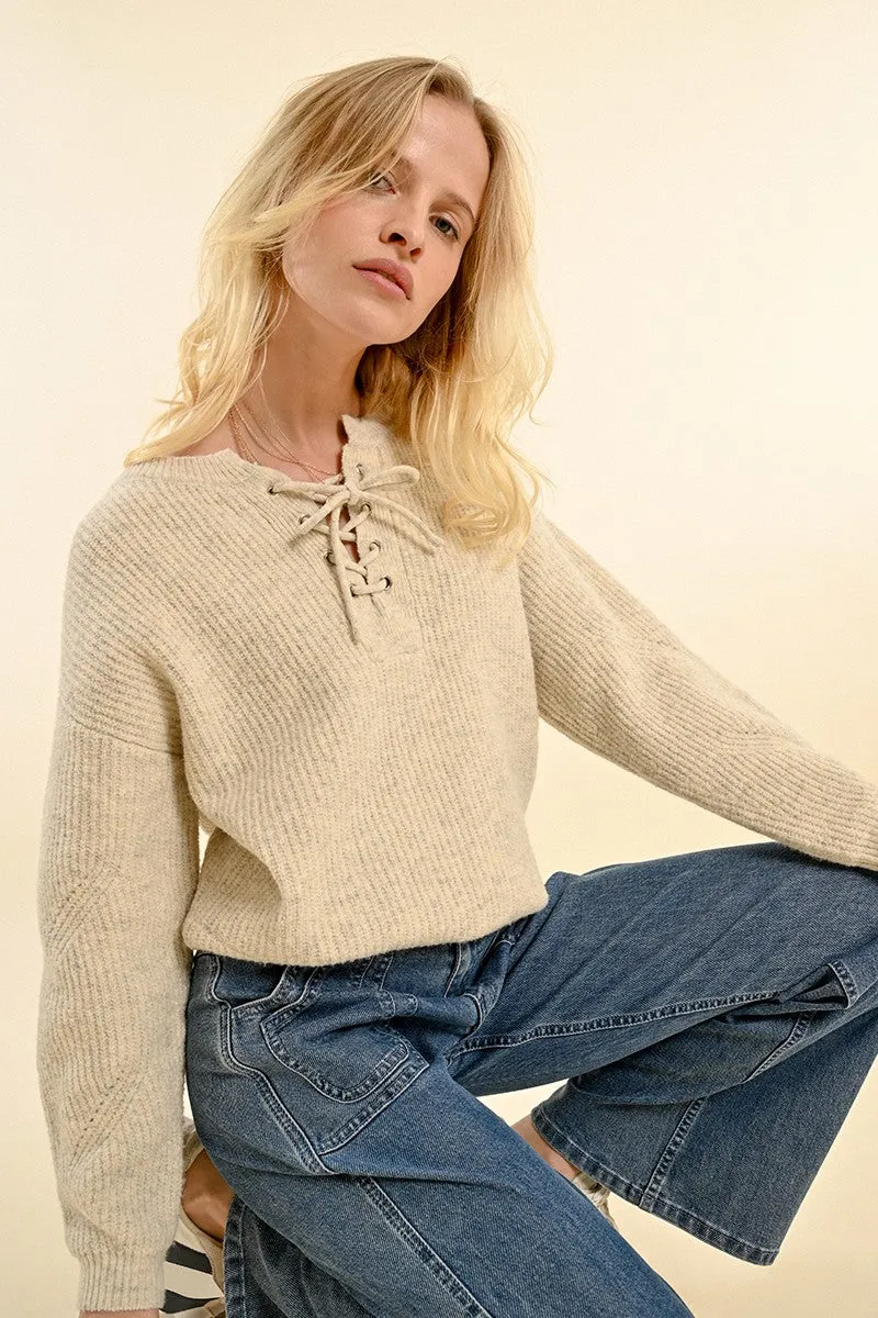 SOFT KNIT SWEATER WITH TIE COLLAR