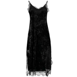 Spaghetti Strap Lace Trim Velvet Dress - Black S