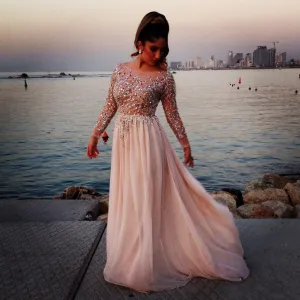 Sparkle Beaded Sequin Long Sleeve Prom Dress, Honest A-Line Tulle Prom Dress, D369