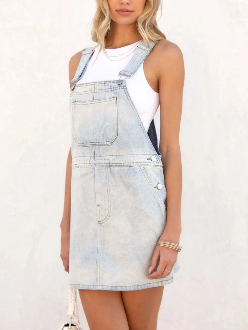 Square Neck Adjustable Strap Denim Overall Dress