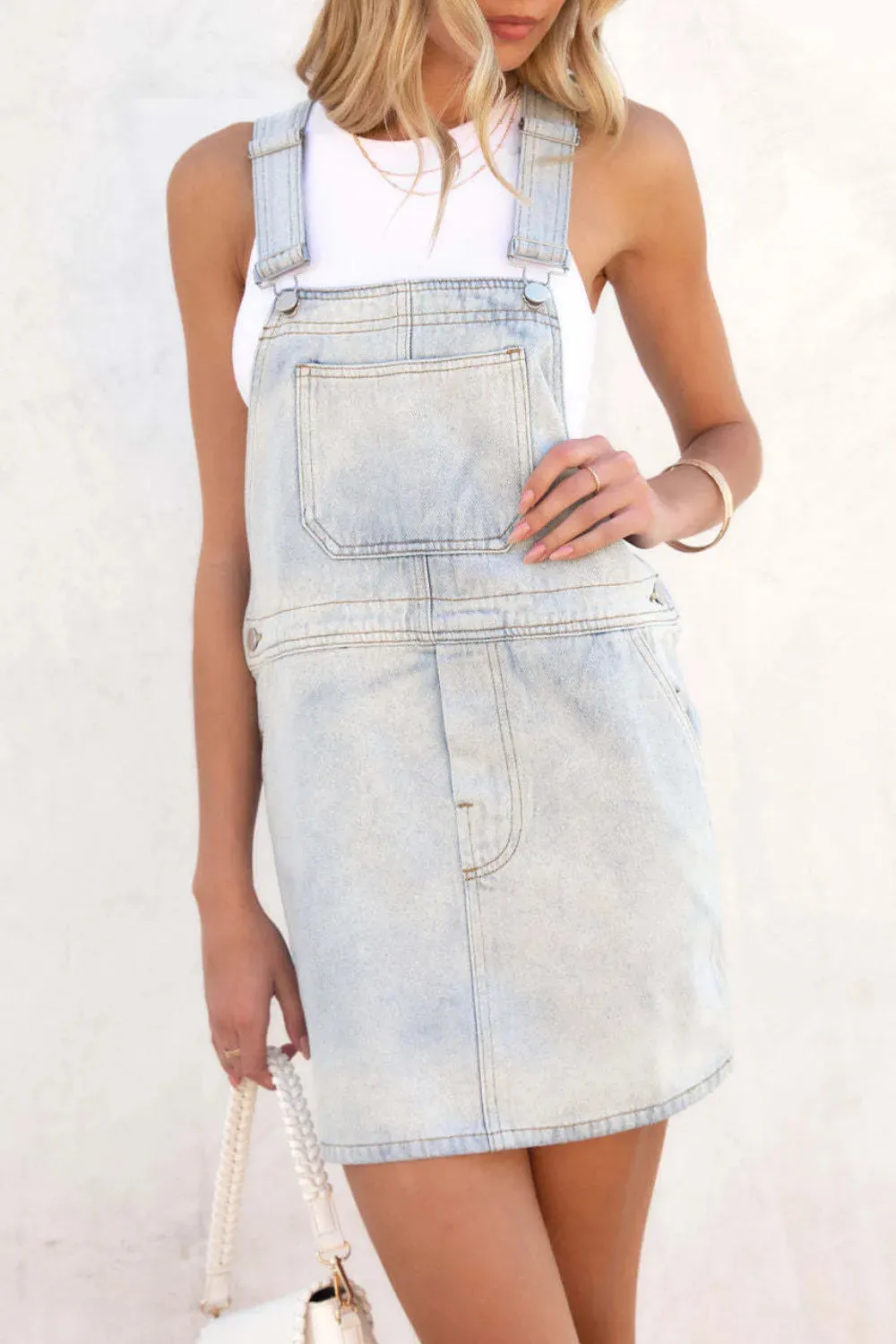 Square Neck Adjustable Strap Denim Overall Dress