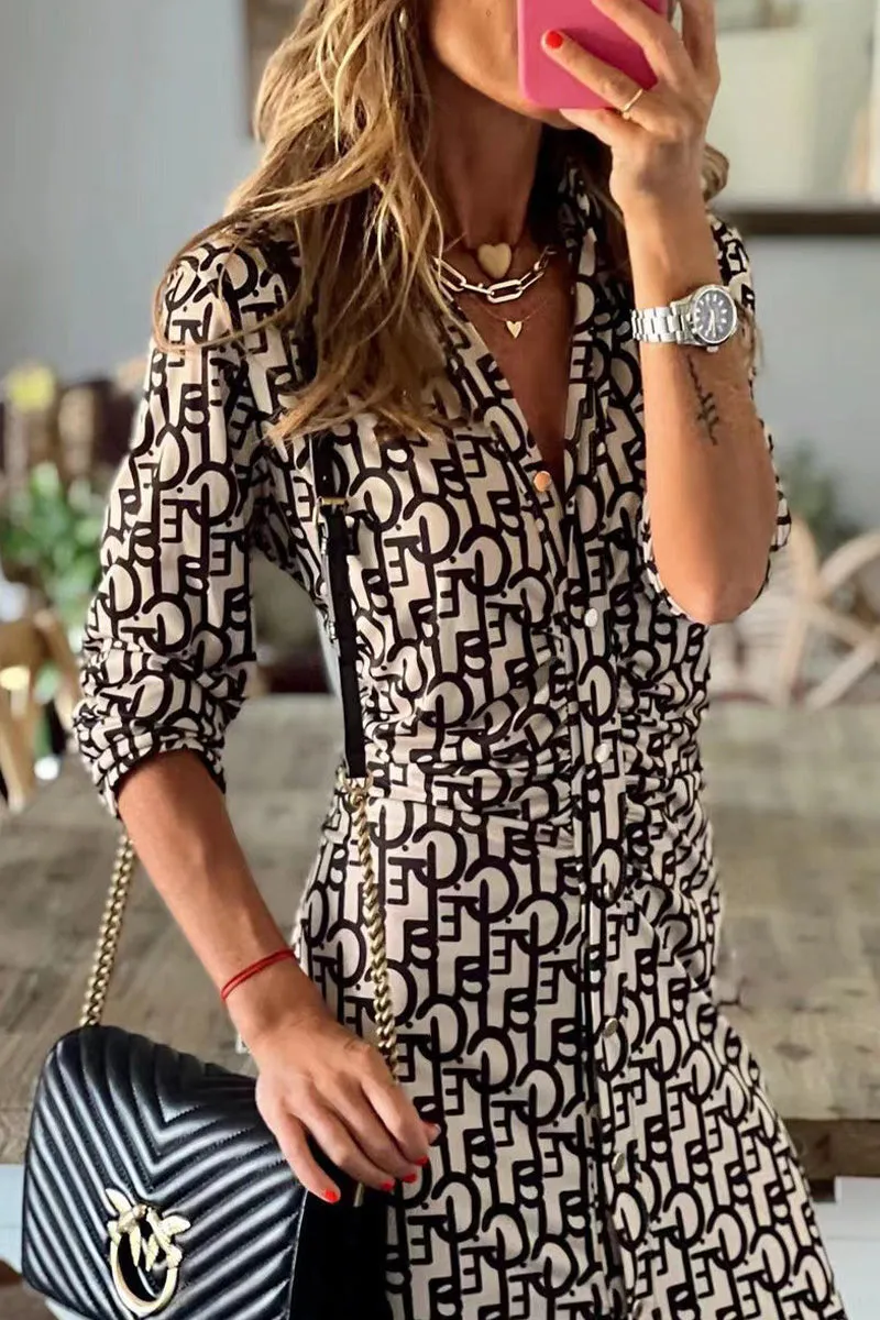 Street Print Buckle Printing Turndown Collar Printed Dress Dresses