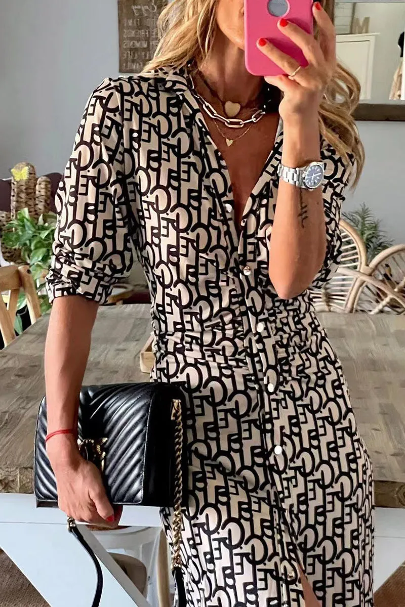 Street Print Buckle Printing Turndown Collar Printed Dress Dresses