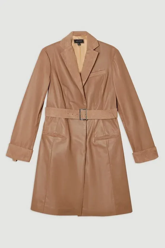 Suede & Leather Belted Trench Coat