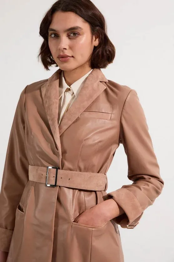 Suede & Leather Belted Trench Coat