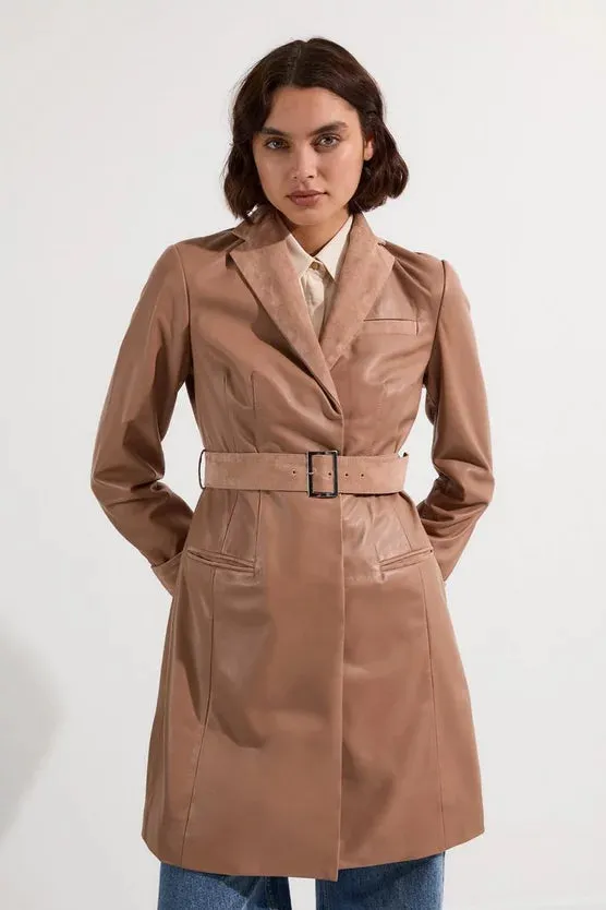 Suede & Leather Belted Trench Coat